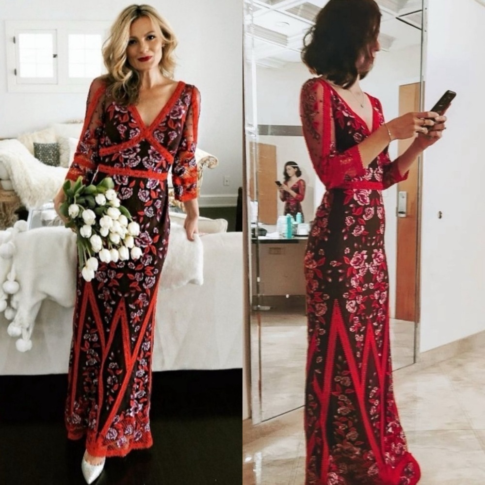 MARCHESA NOTTE Floral Guipure Lace Maxi Dress Gown Wine Sz 2